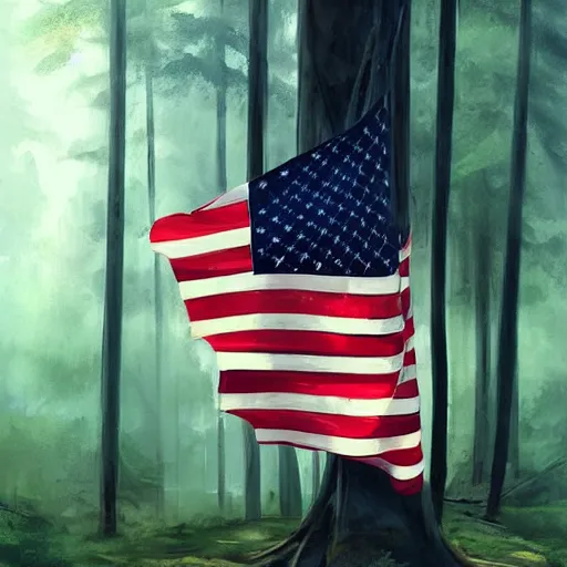 Image similar to tiny american flag in the forest, digital art by ruan jia and mandy jurgens and artgerm, realistic face, highly detailed, trending on artstation, award winning