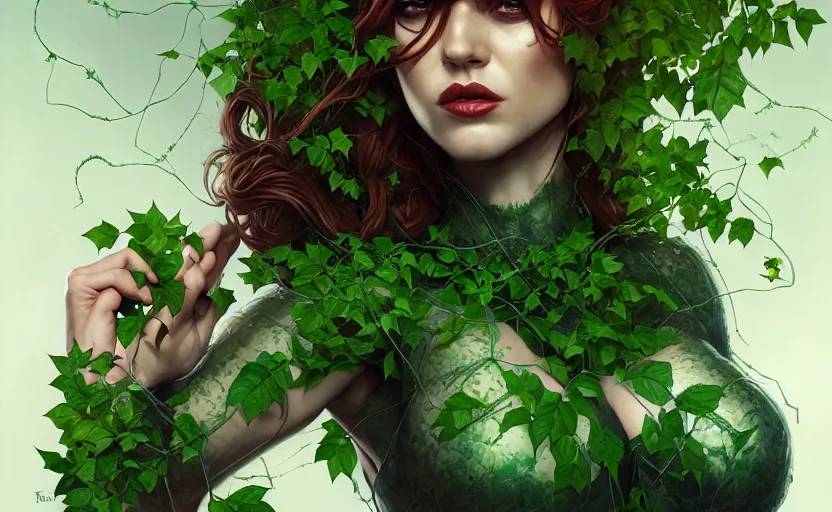 Image similar to poison ivy battle pose, Batman wrapped up in vines, illustration, realistic eyes, artstation, cinematic lighting, hyperdetailed, detailed realistic symmetrical eyes, cgsociety, 8k, high resolution, Charlie Bowater, Tom Bagshaw, Norman Rockwell, insanely detailed and intricate, prison background