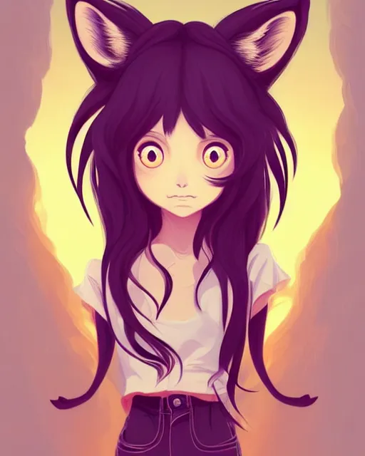 Prompt: fullbody portrait of wild half - fox woman with fox nose and ears, wearing summer jeans shorts and tshirt, very very anime art, concept art, detailed attractive face with fox nose and fox mouth, symmetrical, trending on pixiv, by lois van baarle by sung choi by john kirby artgerm style pascal blanche and magali villeneuve
