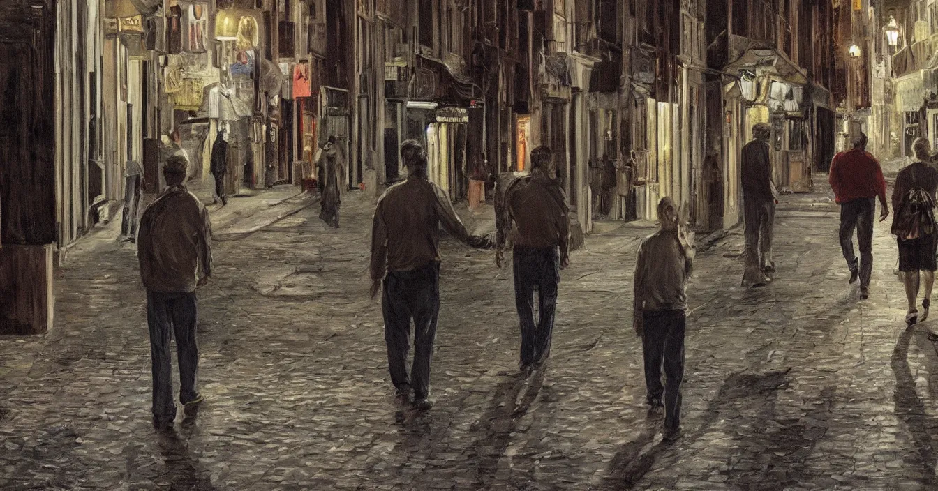 Prompt: high quality high detail painting of todd solondz walking with a friend in an empty tel aviv street, night, by lucian freud and gregory crewdson and francis bacon, hd, photorealistic lighting