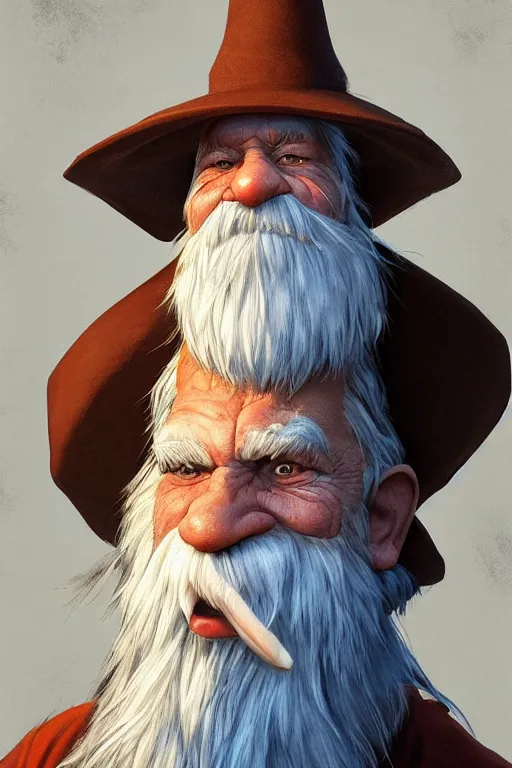 Prompt: a kind old wizard with a long white beard looking a confused with a chicken perched on top of his hat, brown wizard hat, blue robe, realistic, detailed, trending on ArtStation, by Tony Sart