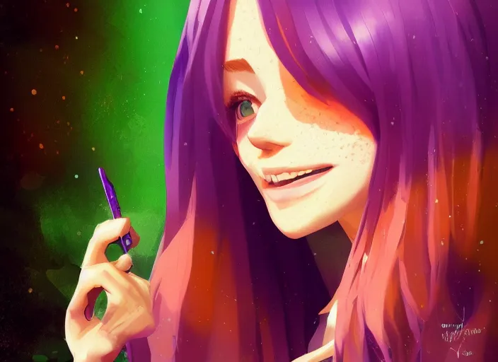 Image similar to portrait of a beautiful smiling girl with orange hair and freckles, green eyes, highly detailed, digital painting, concept art, smooth, sharp, focus, background is purple, anime key visual, ilya kuvshinov, Ross Tran, artstation