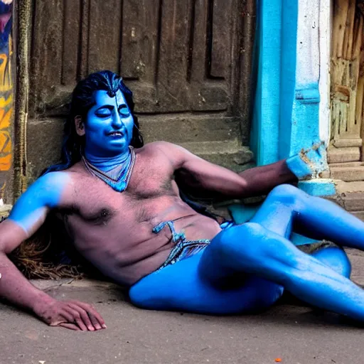 Image similar to blue bodied lord shiva lying drunk on the street