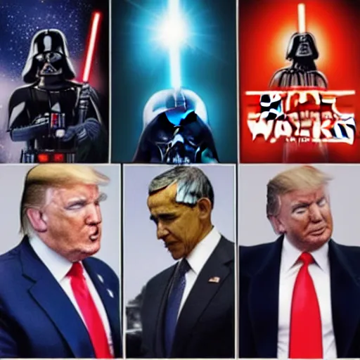 Image similar to photo of putin, trump, obama and bush having a lightsaber fight, starwars poster style