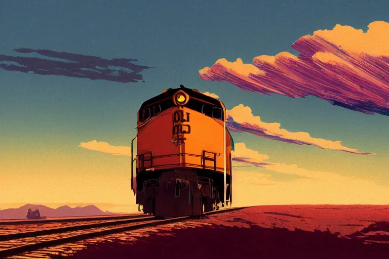 Image similar to idyllic old western freight train illustration by syd mead, artstation, 4 k, graphic novel, concept art, matte painting, steam engine spewing billowy white clouds of steam, beautiful mountain desert sunset background, golden hour