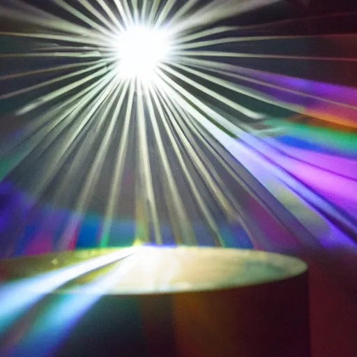 Prompt: photo of a beam of light shining through a prism sitting on a table, shining through the other side, with ray showing on the table, intricate details, extremely high quality, moody lighting, real camera, real caustics, real photo, 8 k, full subject in shot