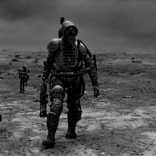 Image similar to a heavily armored man wearing a gasmask, walking through a land made of flesh and eyes, surreal, film still, directed by Phil Tippett, arriflex