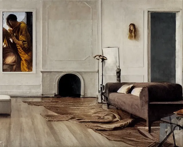 Image similar to a beautiful minimalist apartment with and antique furniture with a view of the city, interior design, architecture, key lighting, soft lights, by steve hanks, by edgar maxence, by caravaggio, by michael whelan, by delacroix, by serov valentin, by tarkovsky, 8 k render, detailed, oil on canvas