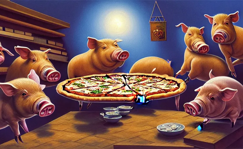 Prompt: classic oil painting, side view of a group of pigs eating a big pizza, dnd, inside a wooden library, blue nighttime, cottagecore, italy flags on the back, retro, extremely detailed, digital illustration, concept art, readability, smooth, sharp focus, art by brothers hildebrandt, and paul bonner