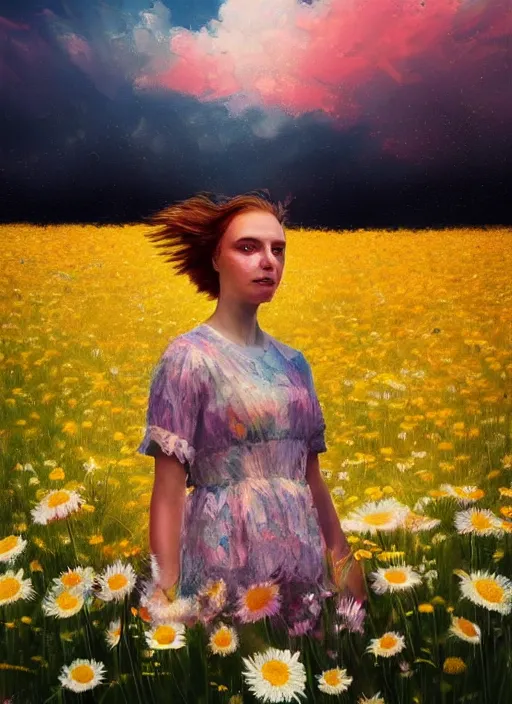 Image similar to portrait of a female face made of giant daisies, standing in a flower field, holding flowers, surreal photography, sunset dramatic light, impressionist painting, colorful clouds, large sky, digital painting, artstation, simon stalenhag