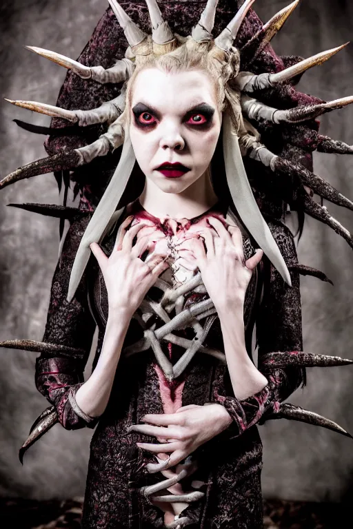 Prompt: dressed anya taylor - joy, a sinister demonic queen of cenobites, symmetrical, cinematic, elegant, demonic atmosphere, professional studio light, real dlsr photography, sharp focus, costume made by clive barker, real rotten flesh and blood, 4 k, ultra hd, sense of awe