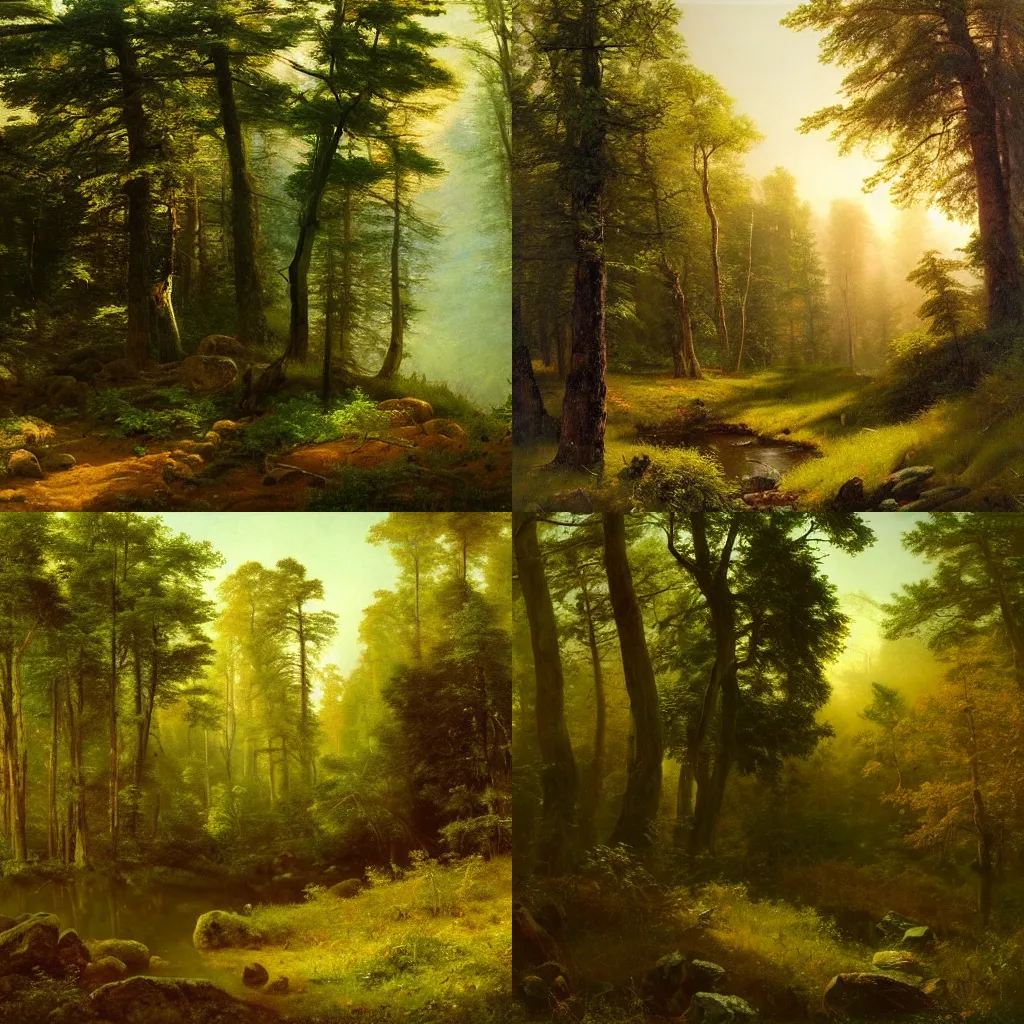 Prompt: oil painting of a dense forest, short lush grass, rocks. wide angle, low angle, soft focus, fog, golden hour, green gold colors, morning, brush strokes, by Albert Bierstadt, by Ivan Shishkin, american romanticism