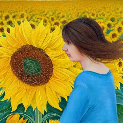 Prompt: a girl smelling one of sunflowers in an amazing tall sunflower field, hair flowing, fog, early morning lightning, subtle, intricate details, real masterpiece, oil on canvas, by franz kafka