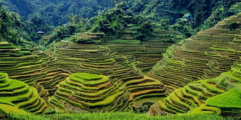 Prompt: a photo of Ifugao rice terraces in the Philippines with futuristic and modern farming equipment and alien structures