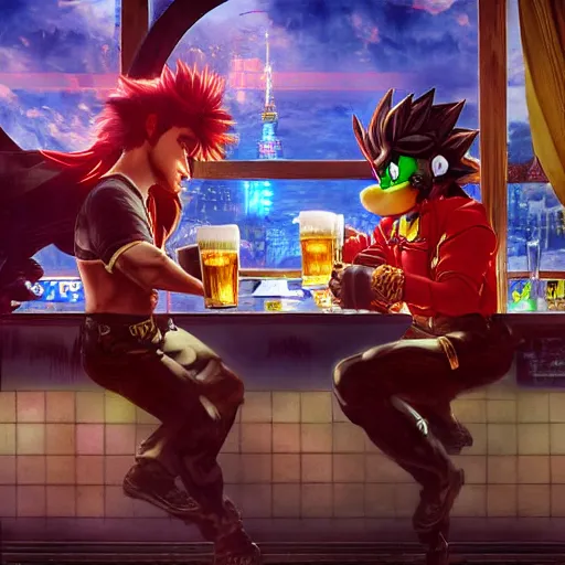 Image similar to an ultra detailed illustration of shadow the hedgehog and bowser sitting in a bar drinking beer, dive bar with a karaoke machine, volumetric lighting, 4 k, octane render, art by greg rutkowski and alphonse mucha and andreas rocha and albert bierstadt