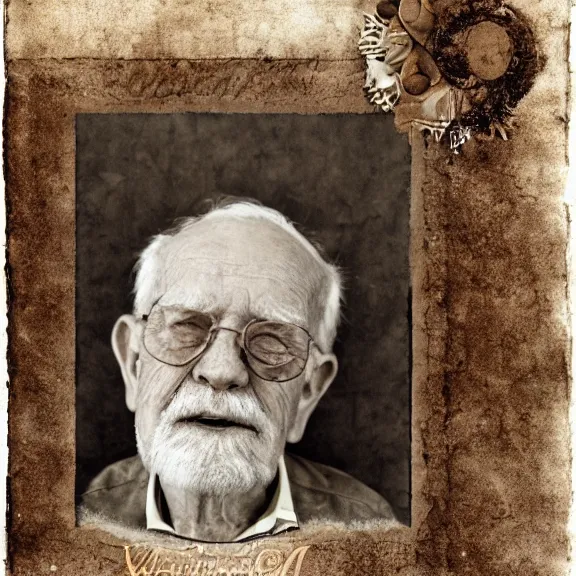 Prompt: portrait of an old man, sepia, scrapbooking, photo montage