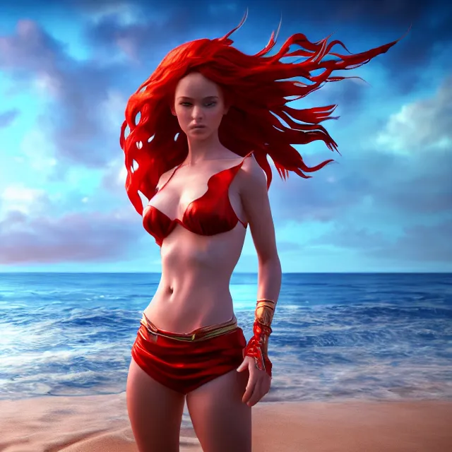 Prompt: full body shot, fantasy outfit hero pose of a beautiful red haired girl with very light skin with ocean in the background, highly detailed, 8 k, hdr, digital art, octane render, neo classical appeal award - winning, trending on artstation, ann stokes