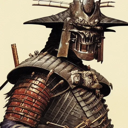 Image similar to quarter length portrait of a samurai hobgoblin, d & d, fantasy, greg rutkowski, frank frazetta, alexandre chaudret, boris vallejo, michael whelan, miro petrov, hr giger, magali villeneuve, donato giancola