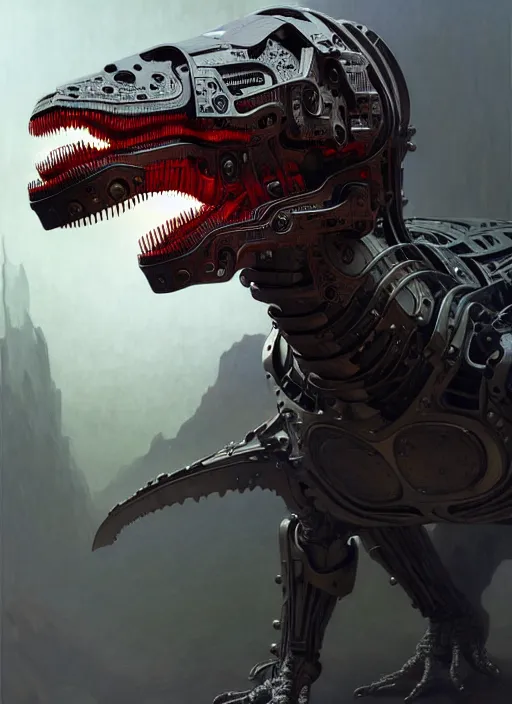 Prompt: male cyborg anthromorphic t - rex in a cybersuit, diffuse lighting, fantasy, intricate, elegant, highly detailed, lifelike, photorealistic, digital painting, artstation, illustration, concept art, smooth, sharp focus, art by john collier and albert aublet and krenz cushart and artem demura and alphonse mucha