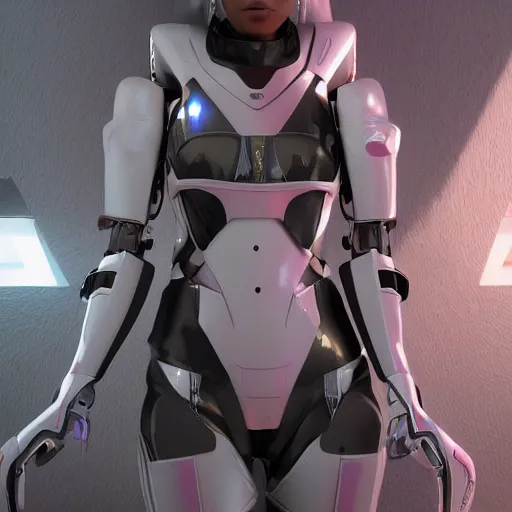 Image similar to 3 d doja cat wearing mecha armor and techwear clothing, in a room filled with beautiful house plants, futuristic, white, clean, bohemian, video game style, square enix style, beautiful colors, i robot colors, octane render, dynamic lighting, highly detailed, character art