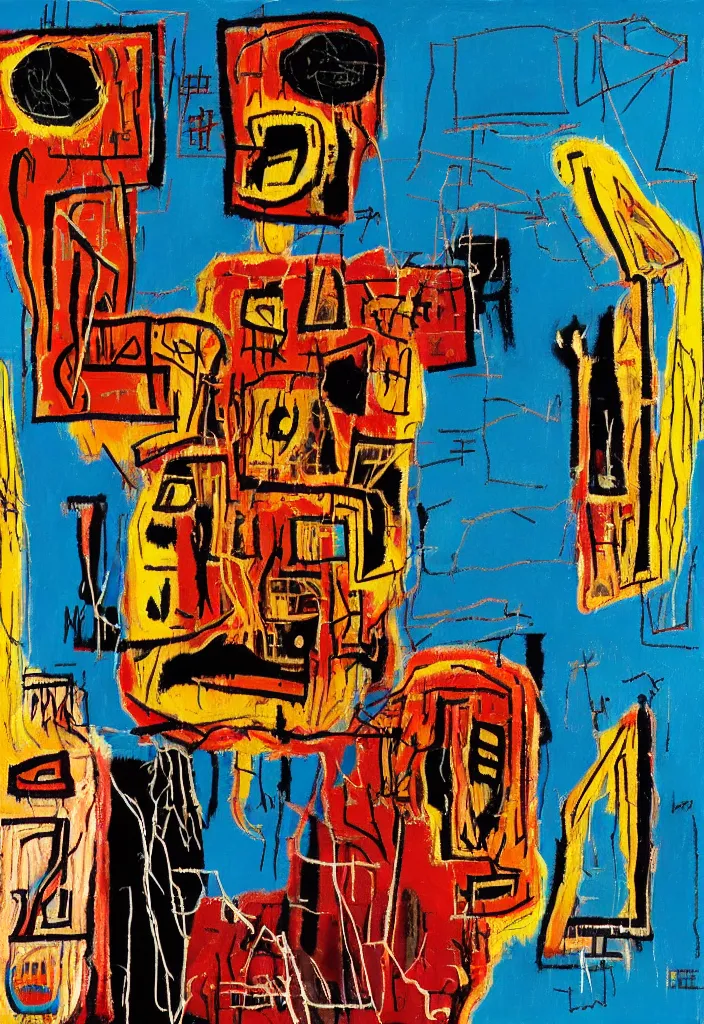 Prompt: radio over the head in the style of jean michel basquiat, beksisnski, and pablo picasso