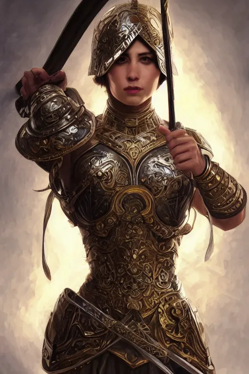 Prompt: attractive young female wielding an ancient sword, ornate metallic helmet, battle armor, olive skin, long dark hair, beautiful bone structure, intricate, elegant, highly detailed, digital painting, artstation, concept art, smooth, sharp focus, illustration, art by artgerm and greg rutkowski and alphonse mucha