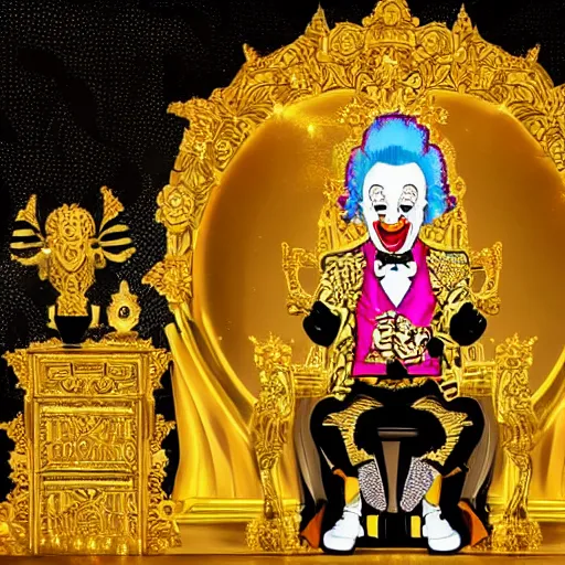 Image similar to manga of a shining majestic throne made of millions of diamonds, gold and zaphires with thousands of light reflections, and a clown on a tuxedo suit is sitting on the throne while handing a golden balloon, dramatic light