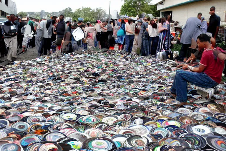 Image similar to sugondese people sorting a giant pile of compact discs