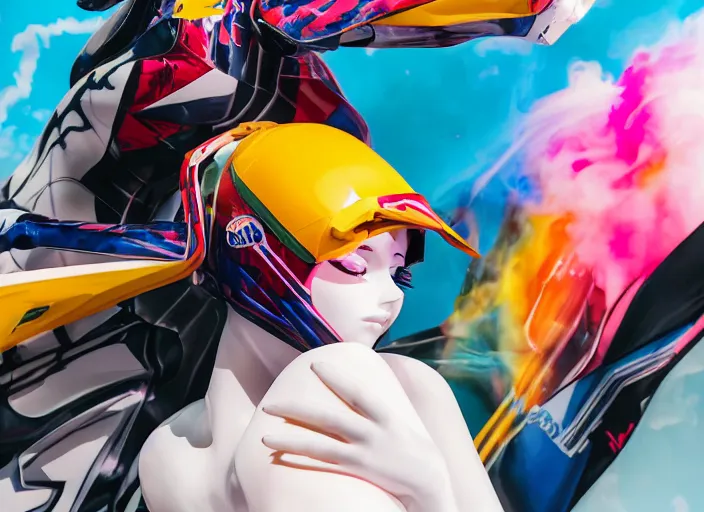 Image similar to extremely beautiful photo of a white marble statue of an anime girl with colorful motocross logos and motorcycle helmet with closed visor, colorful smoke in the background, carved marble statue, fine art, neon genesis evangelion, virgil abloh, offwhite, denoise, highly detailed, 8 k, hyperreal