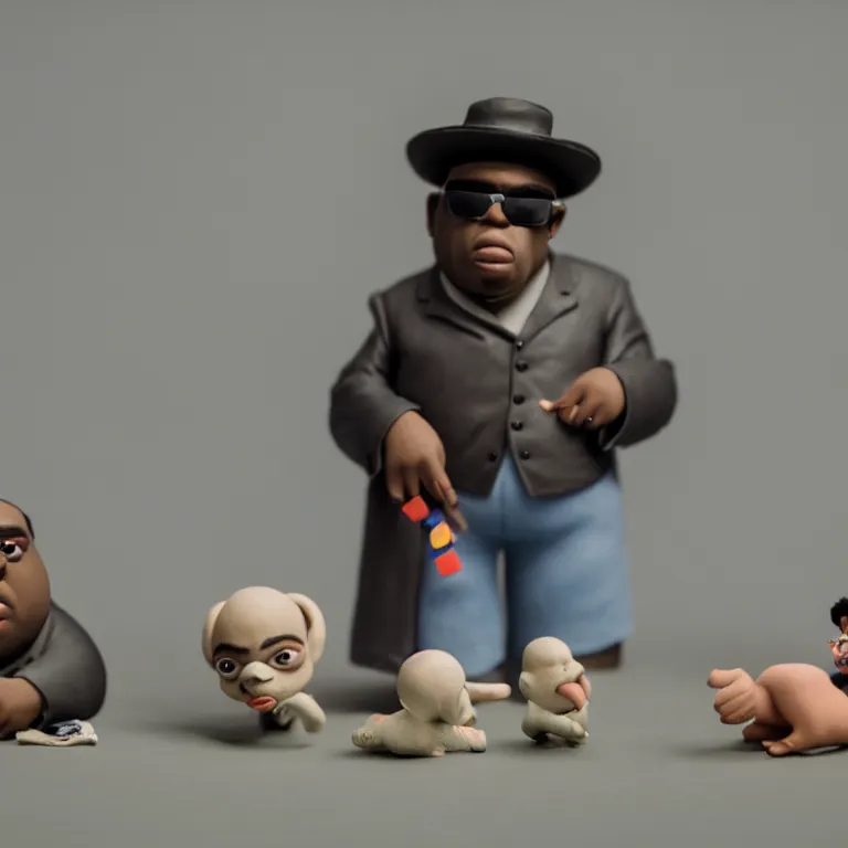 Prompt: a cinematic film still of a claymation stop motion film starring biggie smalls, shallow depth of field, 8 0 mm, f 1. 8