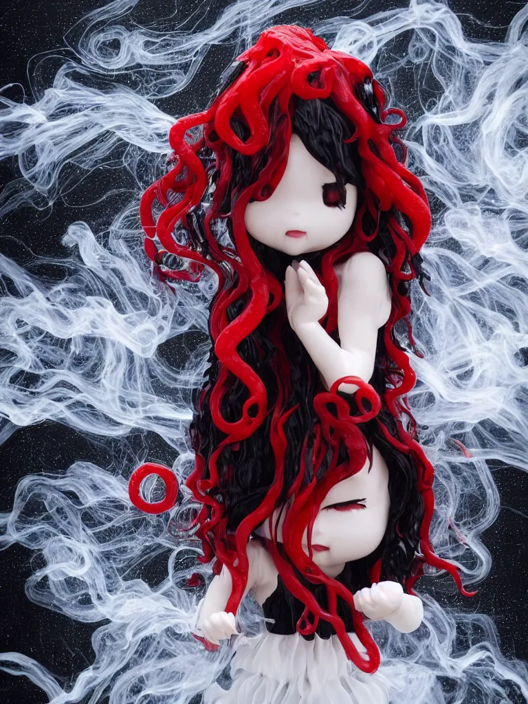 Image similar to cute fumo plush chibi gothic translucent octopus maiden alien girl washing her hair in the waves of the wavering dark galactic abyss, black and red ruffled intricate dress with ribbons, ocean wave thunderstorm and reflective splashing water, wisps of smoke and haze and volumetric fog, black and white, ocean simulation, vignette, vray