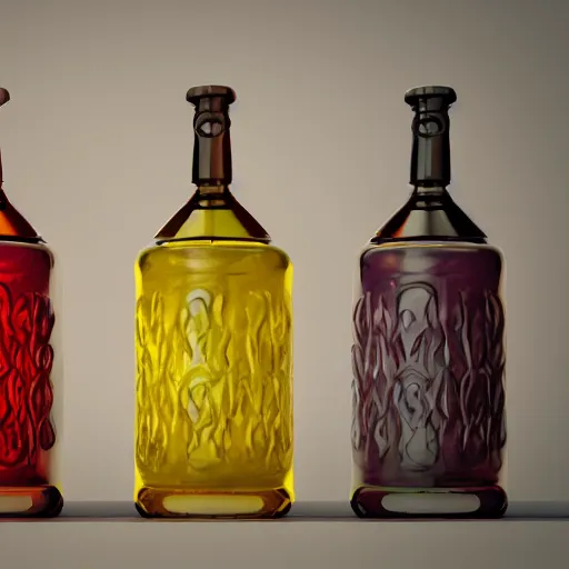 Prompt: A set of Dungeons & Dragons potion bottles full of swirling magical liquid, octane render, trending on artstation