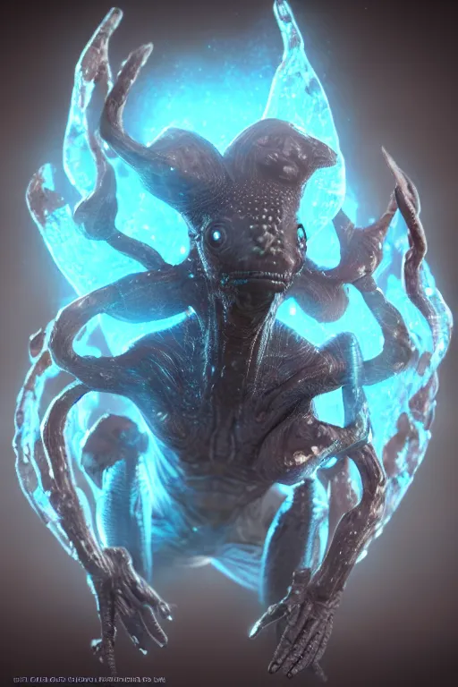 Image similar to skin concept alien, in full growth, mineral crystals instead of skin, magical crystals, smoky crystals, translucent crystals, luminous sparkling crystals, many details, 3 d, cinematic, hyper realism, high detail, octane render