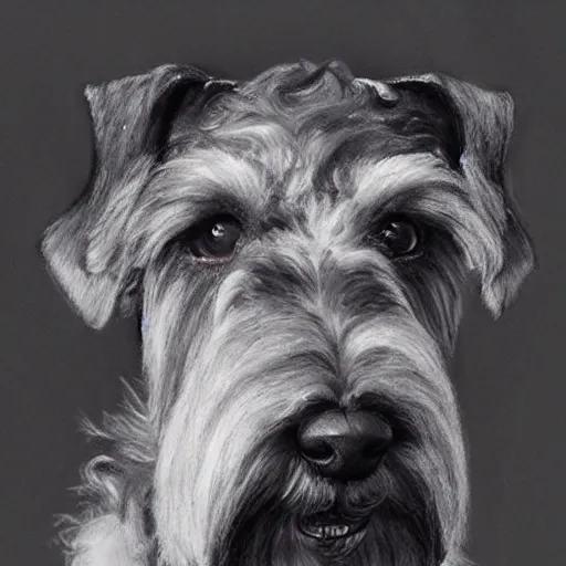 Image similar to portrait of stoic looking miniature schnauzer, military uniform, black fir, white eyebrows, fantasy, intricate, elegant, highly detailed, centered, dark, smokey, charcoal painting, digital painting, artstation, concept art, smooth, sharp focus, illustration, art by artgerm and greg rutkowski and alphonse mucha