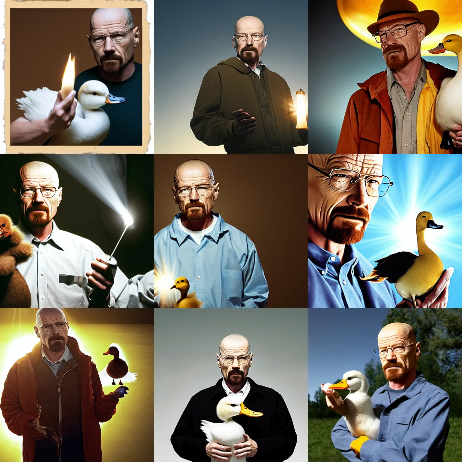 Prompt: Photo of Walter White holding a duck while holy light shines from behind