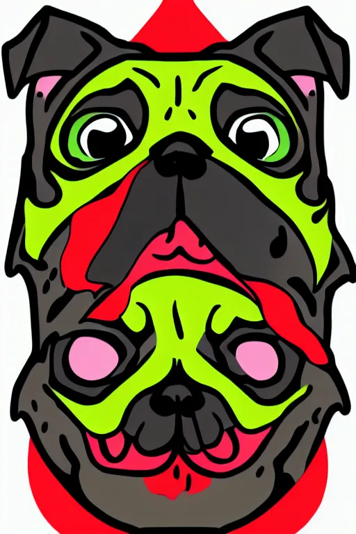 Image similar to Evil pug, the devil, sticker, blood thirsty, spawn of Satan, blood, evil, colorful, illustration, highly detailed, simple, smooth and clean vector curves, no jagged lines, vector art, smooth