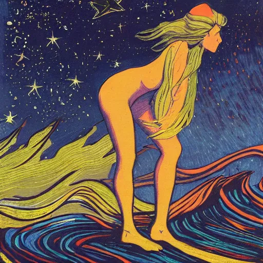 Image similar to spaceghost coast to coast by robert antoine pinchon. a beautiful print of a woman with long flowing hair, wild animals, & a dark, starry night sky.