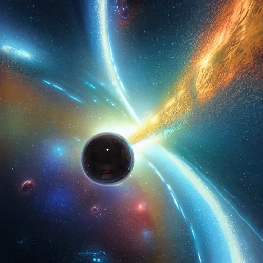 Image similar to glowing glorious 3D black hole in movie, intergalactic, space theme, galaxy colored, hyperdetailed, digital painting, trending on Artstation, cel-shading style, CG society, hyperdetailed, digital painting, hypermaximalist, golden ratio, volumetric, octane render, weta digital, micro details, 3d sculpture