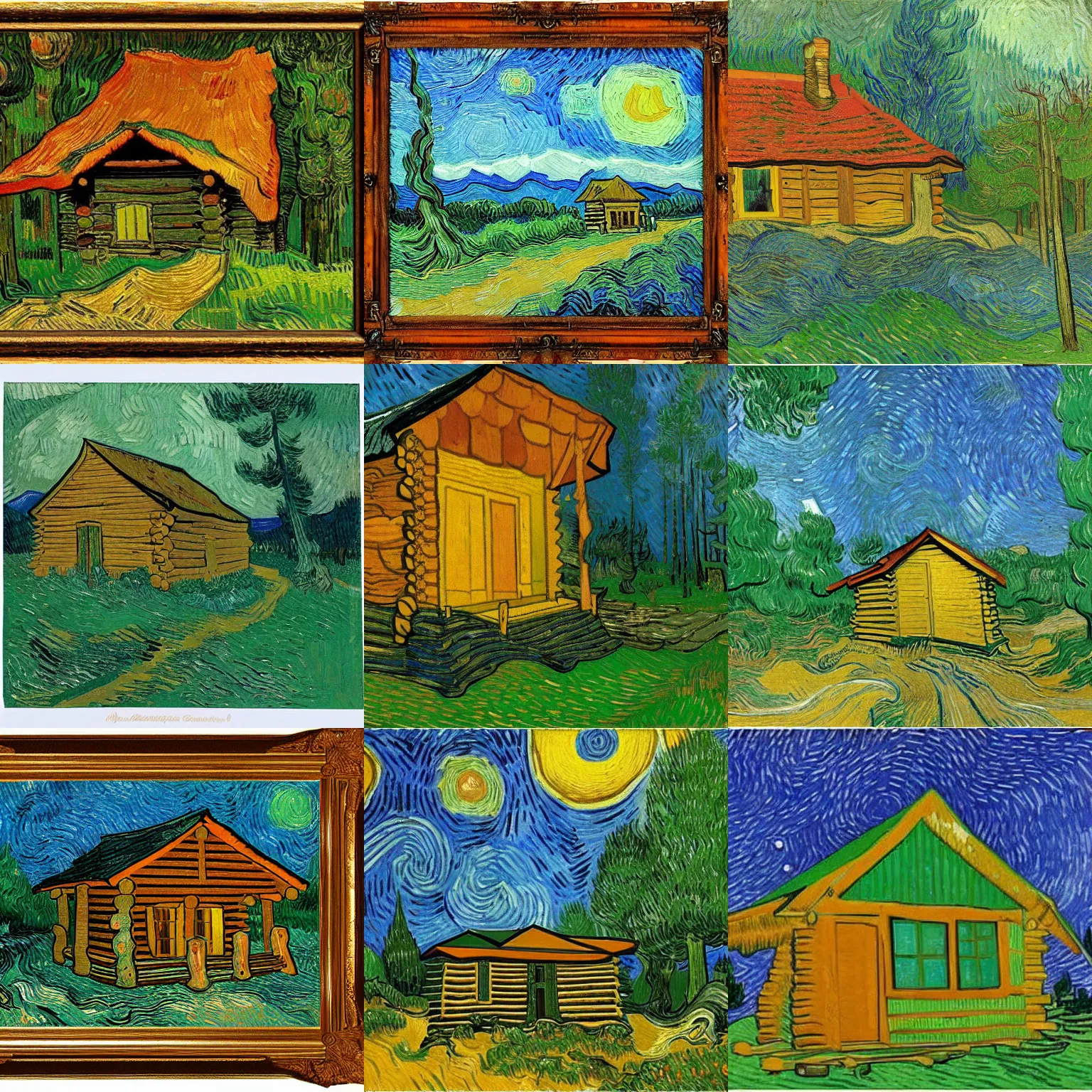 Prompt: [ a log cabin in the forest ] [ van gogh ] [ earth ]