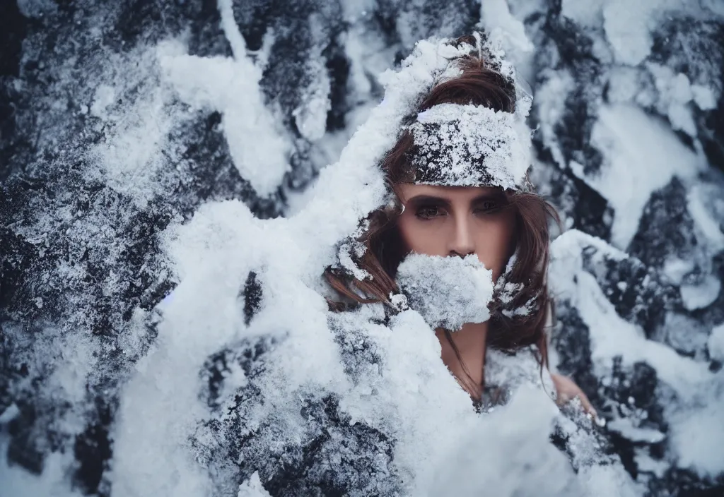 Prompt: fashion editorial in snow avalanche. highly detailed. depth of field. high definition. 8k. photography.