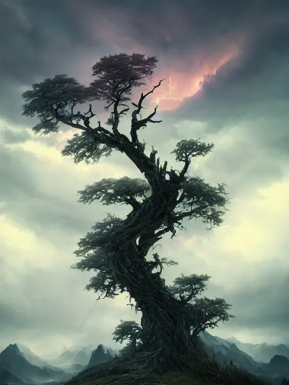 Image similar to photo of 8k ultra realistic lone dead tree on hill surrounded by swirling clouds and lighting, dark, menacing, full of colour, cinematic lighting, battered, trending on artstation, 4k, hyperrealistic, focused, extreme details,unreal engine 5, cinematic, masterpiece, art by Peter Mohrbacher