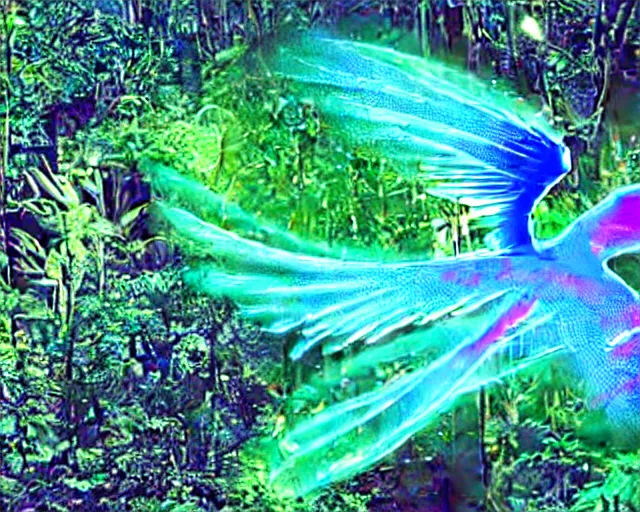 Prompt: a hologram of a cyan bird flying high speed across the rainforest, holography, irridescent, nature documentary still