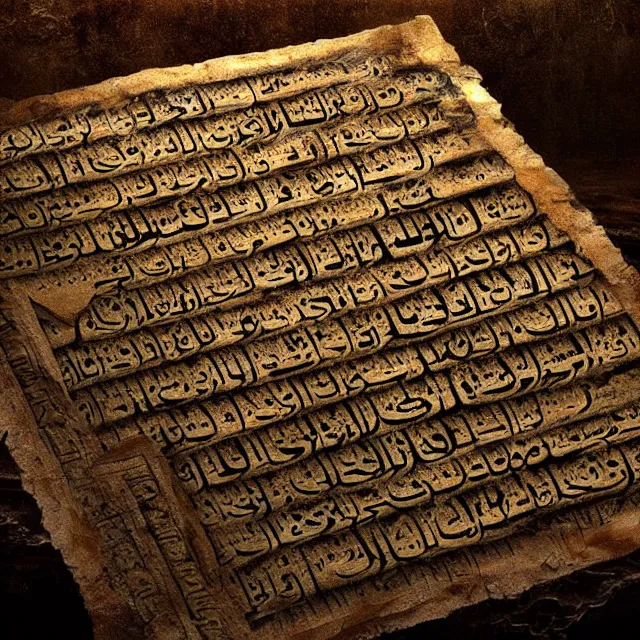 Prompt: horrifying ultra - realistic disconcerting photo of a partially damaged dead sea scroll with nabeatean aramaic in sideways columns, dark, brooding, volume lighting, atmospheric lighting, painted, intricate, ultra detailed, well composed, best on artstation, cgsociety, epic, stunning, gorgeous, intricate detail, wow, masterpiece