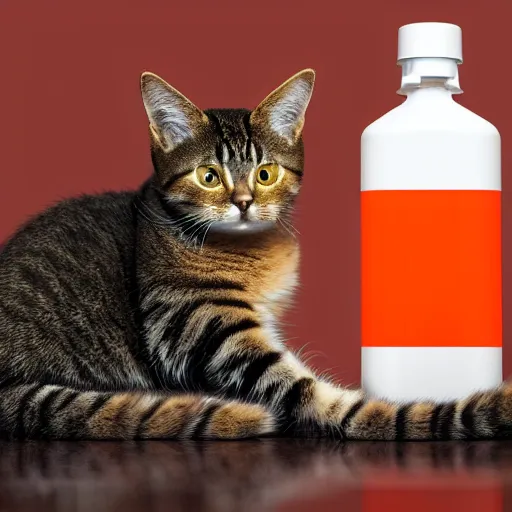 Prompt: a cat standing next to a bottle of medicine. the cat was orange in color. animal. digital art. pixabay. shutterstock. artstation.