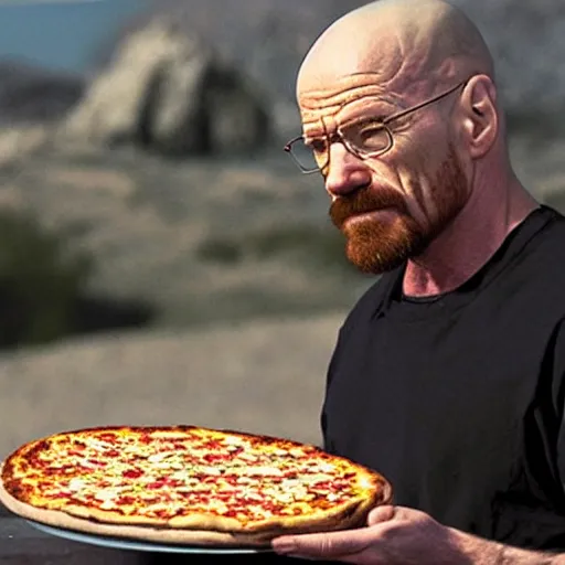 Prompt: walter white eats a pizza on the roof,