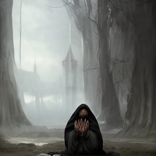 Prompt: a portrait of an hooded man praying, Matte painting , detailed painting, made by Greg Rutkowski, 4k, atmospheric
