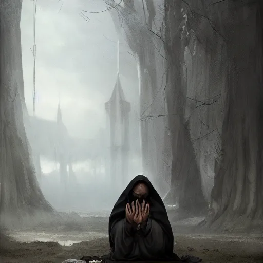 Image similar to a portrait of an hooded man praying, Matte painting , detailed painting, made by Greg Rutkowski, 4k, atmospheric