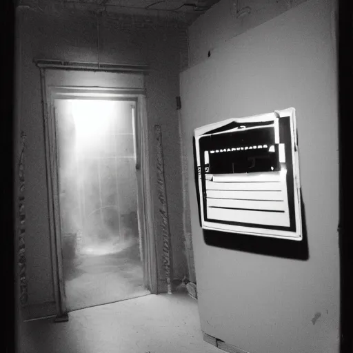 Image similar to you are lost in the backrooms, ghost, polaroid, laminal space, foggy