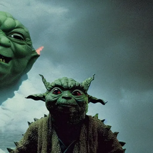 Image similar to movie still of godzilla yoda yoda destroying tokyo in the new movie, giant yoda