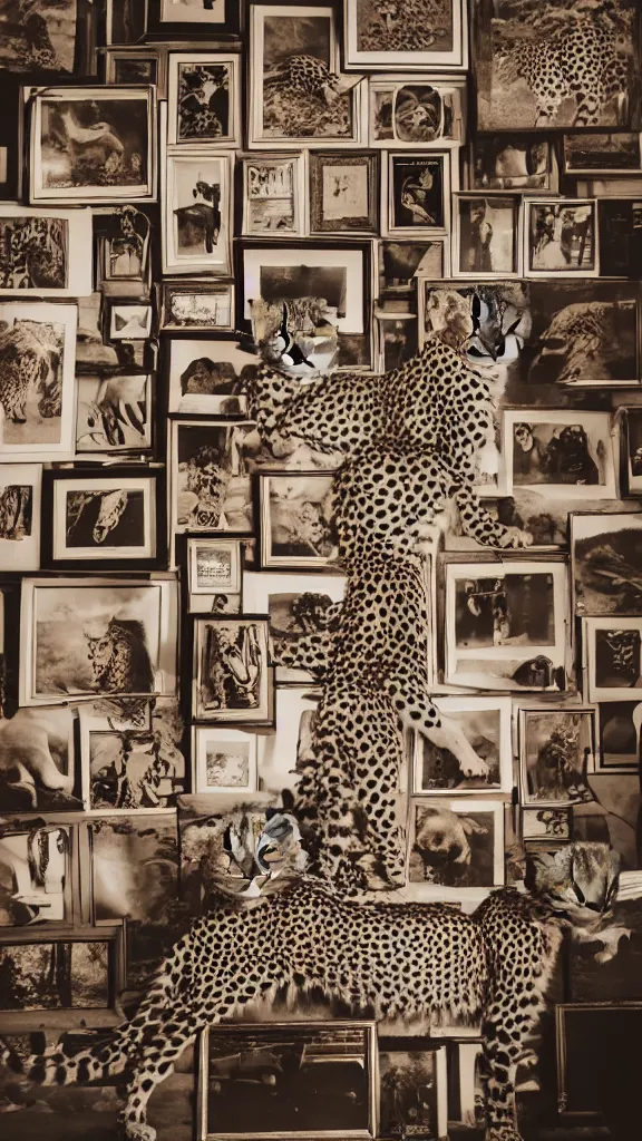 Prompt: photography of a cheetah in vintage room, a lot of frames hanging out of wall